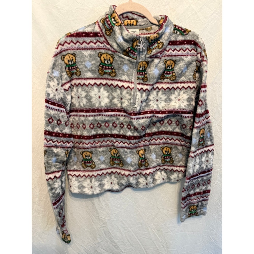 No Boundaries Teddy Bear Fair Isle Fleece Quarter Zip Pullover Grey‎ Red Large